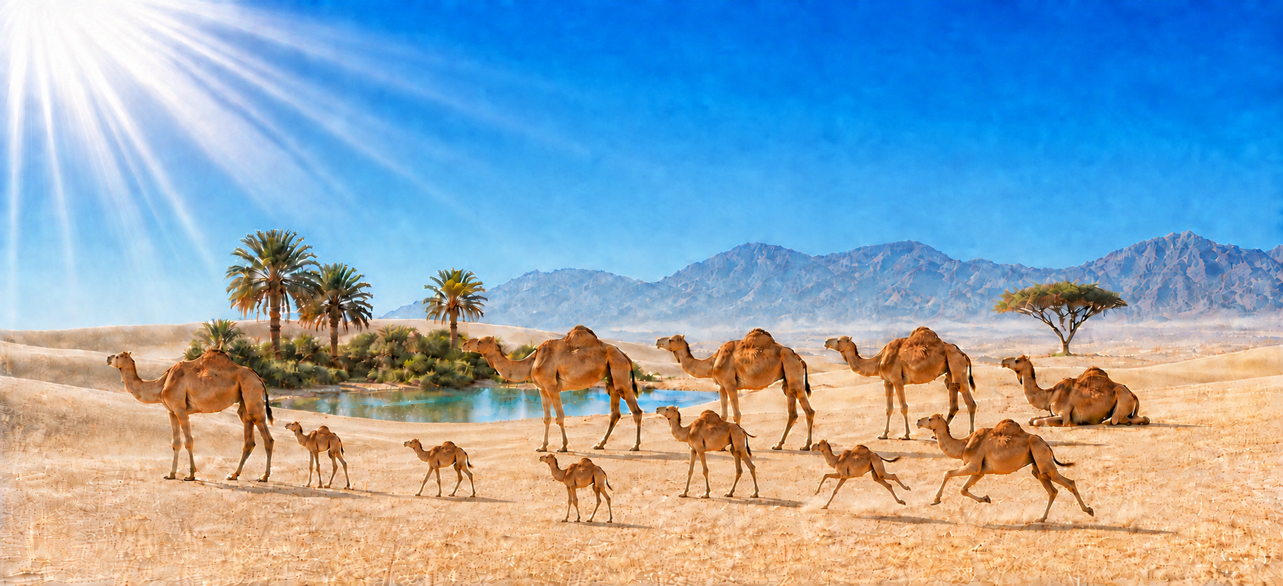 Oase im Morgenlicht mit Kamelfamilie / واحة صباحية مع الإبل وصغارها / Morning oasis with a camel family